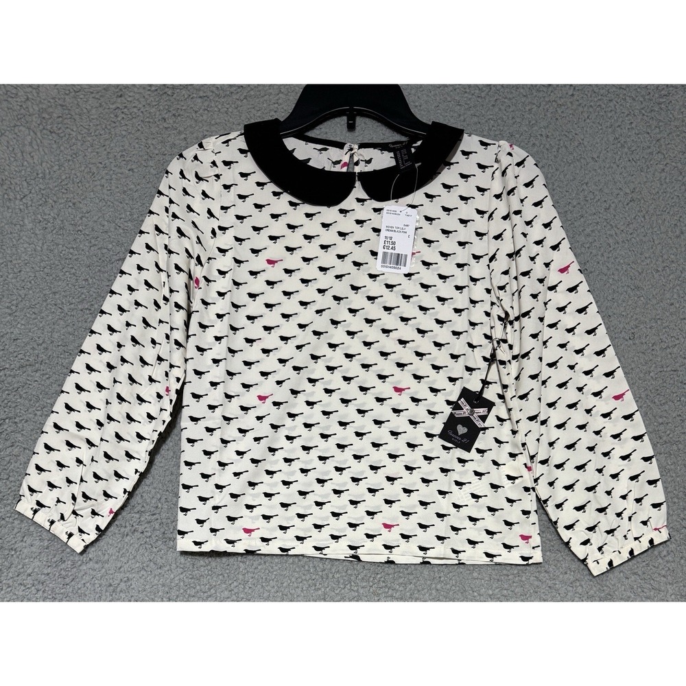 Forever 21 Peter Pan Collar Girls Bird All Over Print Long Sleeve Size 11/12 NEW